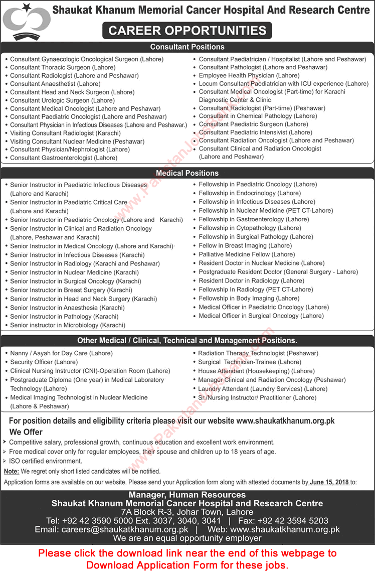 Shaukat Khanum Hospital Jobs June 2018 Application Form Consultants, Medical Fellows, Instructors & Others Latest