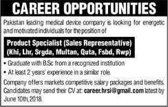 Sales Representative Jobs in Pakistan 2018 June Product Specialist Medical Device Company Latest