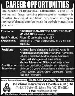 The Schazoo Pharmaceutical Laboratories Pakistan Jobs June 2018 Sales Managers & Others Latest