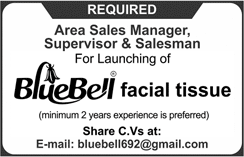 Blue Bell Facial Tissue Pakistan Jobs 2018 June Area Sales Managers, Supervisor & Salesman Latest