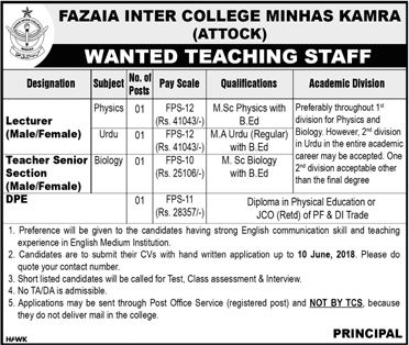 Fazaia Inter College Minhas Kamra Jobs June 2018 Lecturers, Teacher & DPE Latest