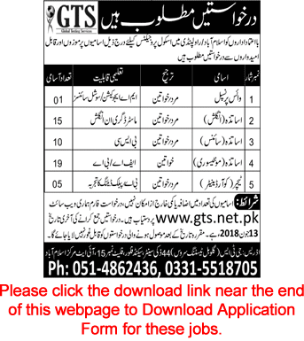 Global Testing Service Jobs 2018 June GTS Application Form Teachers, Coordinators & Vice Principal Latest