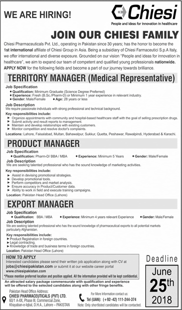 Chiesi Pharmaceuticals Pvt Ltd Pakistan Jobs 2018 June Product / Export Manager & Territory Manager Latest