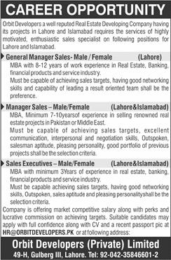 Orbit Developers Pvt Ltd Lahore / Islamabad Jobs 2018 June Sales Manager / Executive & General Manager Latest