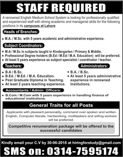 Teachers, Subject Coordinators & Other Jobs in Lahore June 2018 English Medium School System Latest