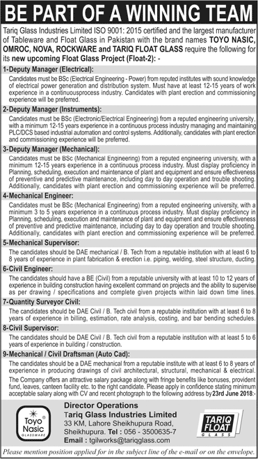 Tariq Glass Industries Sheikhupura Jobs June 2018 Civil / Mechanical Engineers & Others Latest