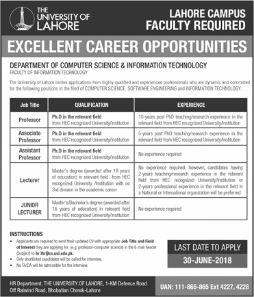 University of Lahore Jobs June 2018 Teaching Faculty UOL Latest