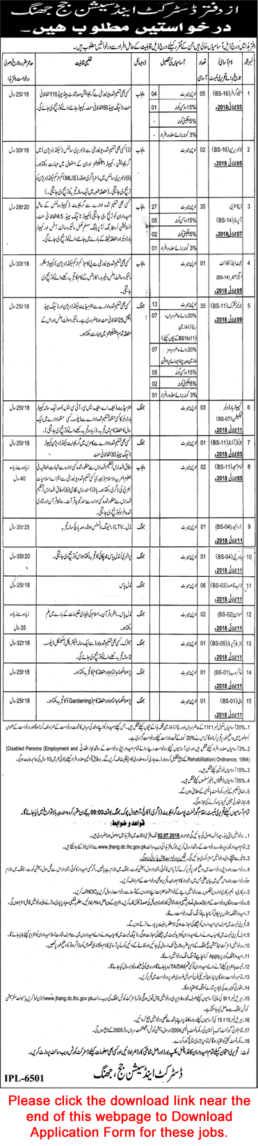 District and Session Court Jhang Jobs 2018 June Application Form Data Entry Operators, Clerks & Others Latest