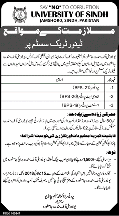 University of Sindh Jamshoro Jobs 2018 June Teaching Faculty Latest