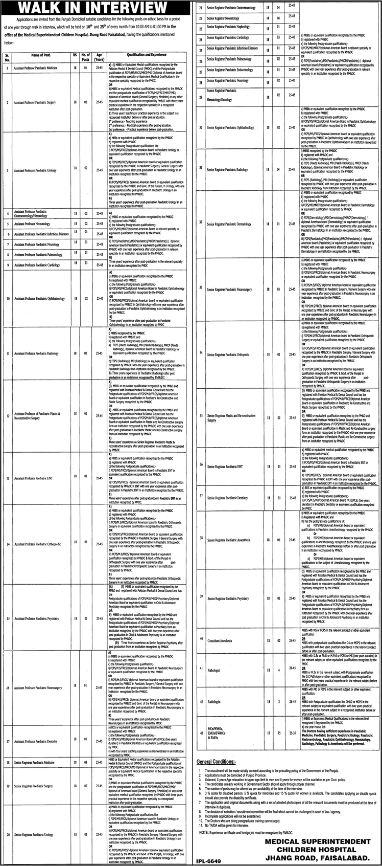 Children's Hospital Faisalabad Jobs June 2018 Medical Officers, Teaching Faculty & Specialist Doctors Walk in Interview Latest