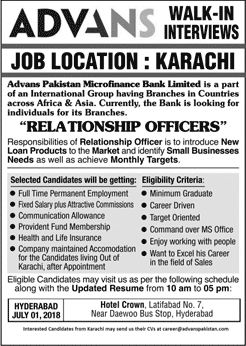 Relationship Officer Jobs in Advans Pakistan Microfinance Bank June 2018 Latest