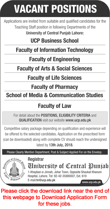University of Central Punjab Lahore Jobs June 2018 Application Form UCP Teaching Faculty Latest