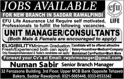 Unit Manager / Consultants Jobs in EFU Life Assurance Rawalpindi June 2018 Latest