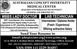 Australian Concept Infertility Medical Center Karachi Jobs July 2018 Lady Doctor & Lab Technician Latest