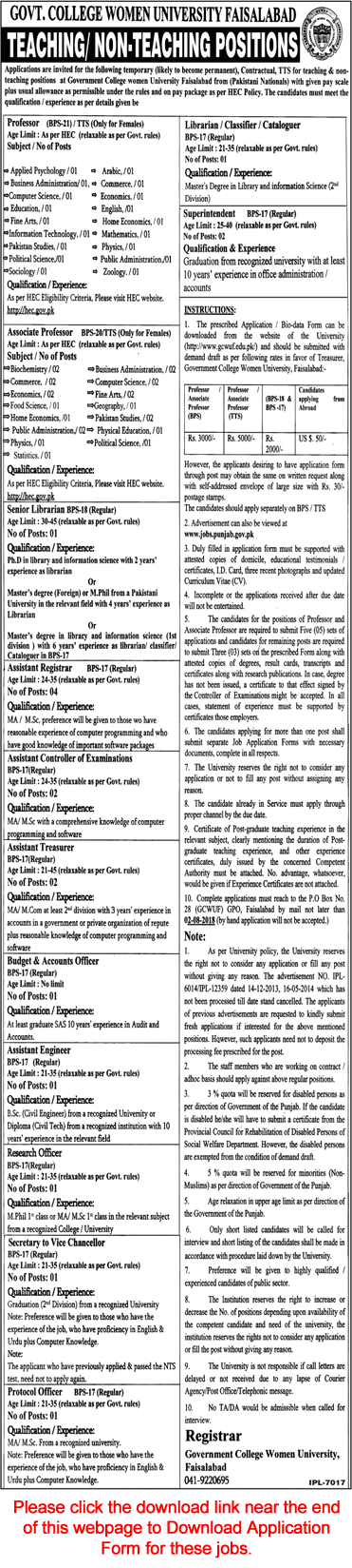 Government College Women University Faisalabad Jobs July 2018 Application Form Teaching Faculty & Others GCWUF Latest