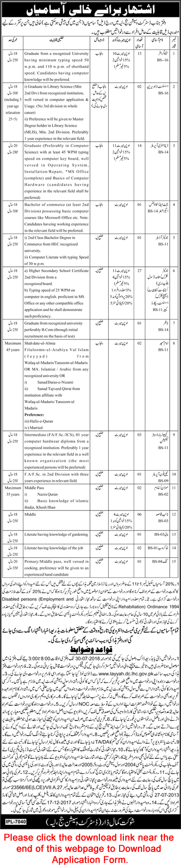 District and Session Court Layyah Jobs 2018 July Application Form Clerks, DEO, Stenographers & Others Latest