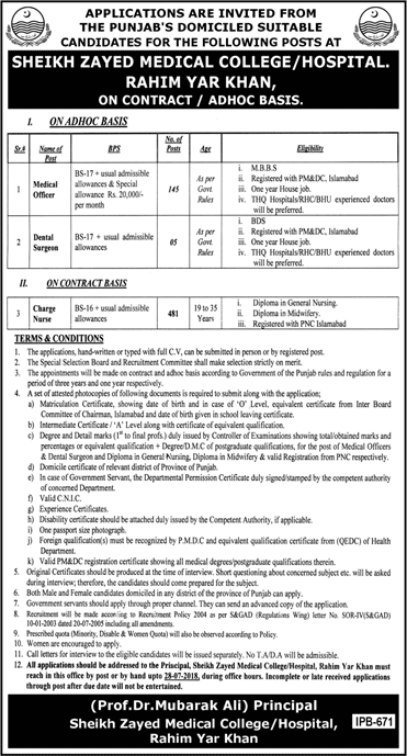 Sheikh Zayed Medical College / Hospital Rahim Yar Khan Jobs July 2018 Nurses, Medical Officers & Dental Surgeons Latest