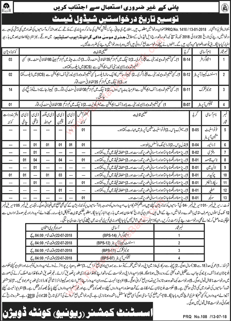 Revenue Department Balochistan Jobs July 2018 Naib Qasid, Clerks, Drivers & Others Latest