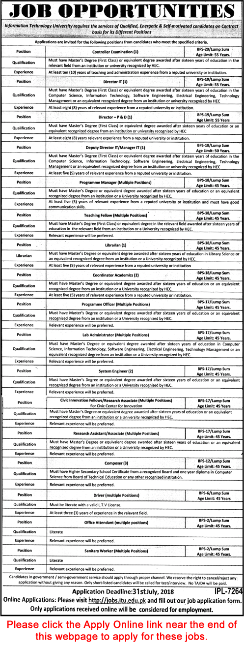 Information Technology University Lahore Jobs July 2018 Apply Online Program Officers, Teaching Fellows & Others Latest