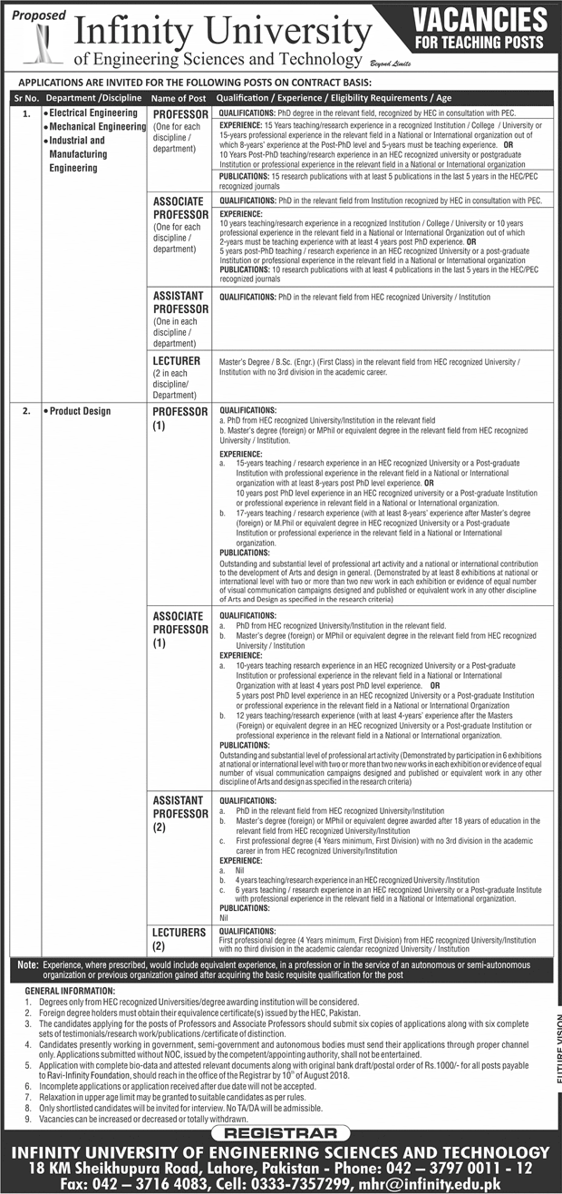 Infinity University of Engineering Sciences and Technology Lahore Jobs 2018 July Teaching Faculty Latest