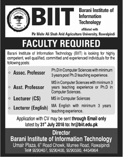 Barani Institute of Information Technology Rawalpindi Jobs 2018 July Teaching Faculty Latest