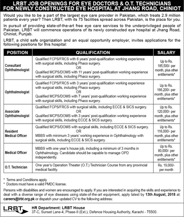 LRBT Jobs July 2018 Chiniot Medical Officers, OT Technician & Others Layton Rahmatulla Benevolent Trust Latest