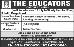 The Educators School Islamabad Jobs July 2018 for Teachers Walk in Interview at Capital Campus Latest