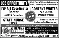 Australian Concept Infertility Medical Center Islamabad Jobs July 2018 Nurse & Others Latest