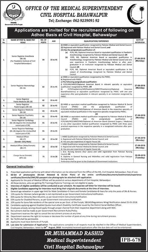 Civil Hospital Bahawalpur Jobs July 2018 Nurses, Medical Officers & Senior Registrars Latest