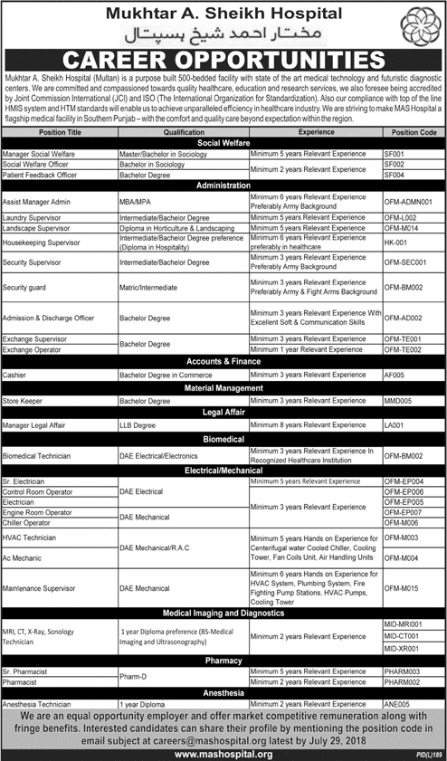 Mukhtar A Sheikh Hospital Multan Jobs July 2018 Cashier, Store Keeper, Pharmacist & Others Latest