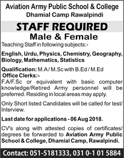 Aviation Army Public School and College Rawalpindi Jobs 2018 July Teaching Staff Latest