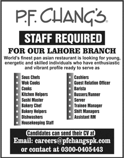 PF Chang's Restaurant Lahore Jobs 2018 July Cooks, Trainee Managers, Waiters, Cashiers & Others Latest