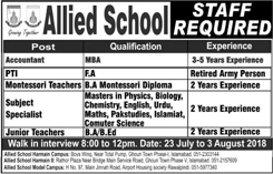 Allied Schools Islamabad / Rawalpindi Jobs July 2018 Teachers, PTI & Accountant Walk in Interview Latest