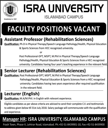 Isra University Islamabad Jobs 2018 July Teaching Faculty Latest