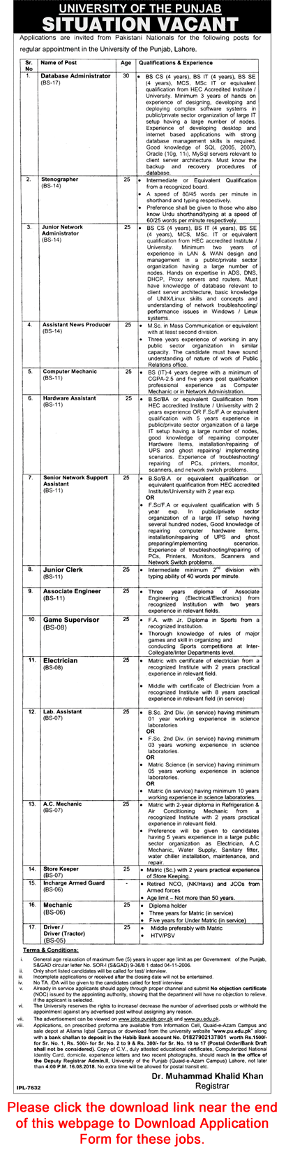 Punjab University Lahore Jobs July 2018 Application Form Clerk, Stenographer, Lab Assistant & Others Latest