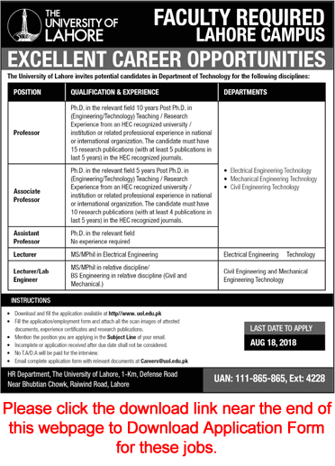 University of Lahore Jobs July 2018 August UOL Application Form Teaching Faculty Latest