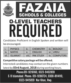 Teaching Jobs in Fazaia Schools and Colleges Rawalpindi / Islamabad July 2018 August Latest
