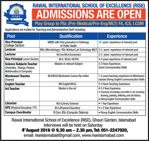 Rawal International School of Excellence Islamabad Jobs 2018 July / August RISE Teaching Faculty Latest