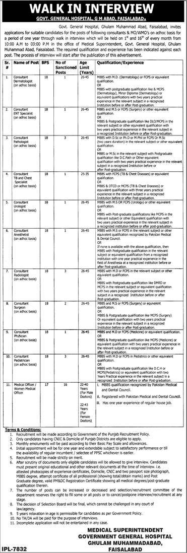 Government General Hospital Faisalabad Jobs 2018 August Medical Officers / Consultants Latest