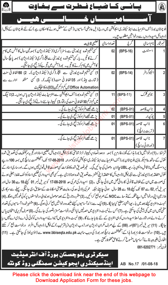 BISE Balochistan Jobs August 2018 BBISE Clerks, Naib Qasid, Stenographers & Others Latest
