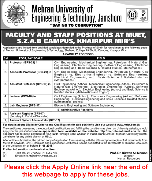 Mehran University of Engineering and Technology Jobs August 2018 SZAB Campus Khairpur Mirs Apply Online Latest