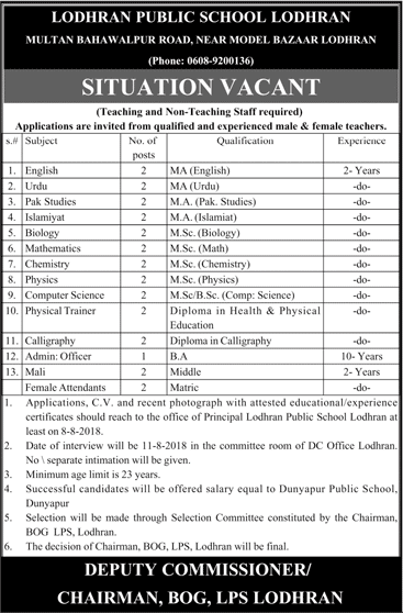 Lodhran Public School Jobs 2018 August Teachers & Others Latest