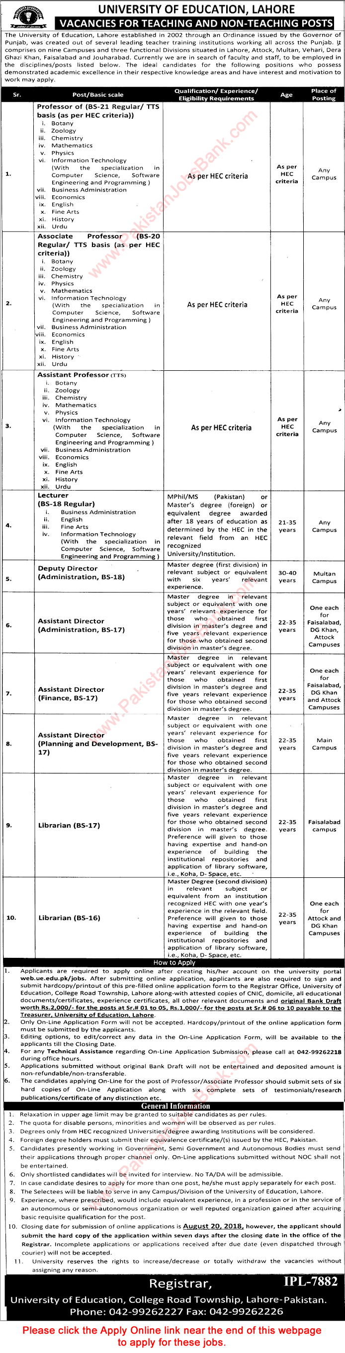 University of Education Lahore Jobs August 2018 Apply Online Teaching Faculty & Others Latest