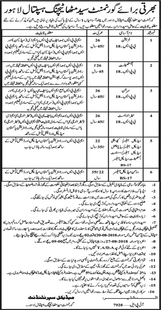 Government Said Mitha Teaching Hospital Lahore Jobs August 2018 Medical Officers / Consultants Latest