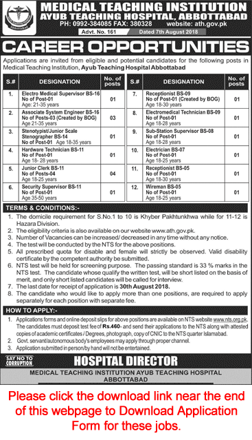 Ayub Teaching Hospital Abbottabad Jobs August 2018 NTS Application Form MTI ATH Latest