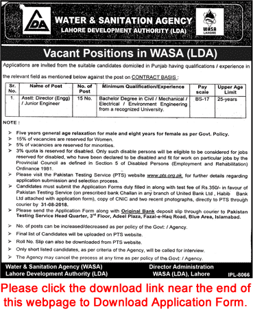 WASA Lahore Jobs August 2018 LDA PTS Application Form Assistant Directors / Junior Engineers Latest
