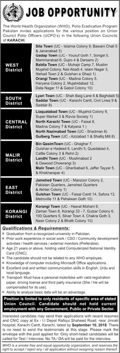 Union Council Polio Officer Jobs in Karachi August 2018 WHO Polio Eradication Program Latest