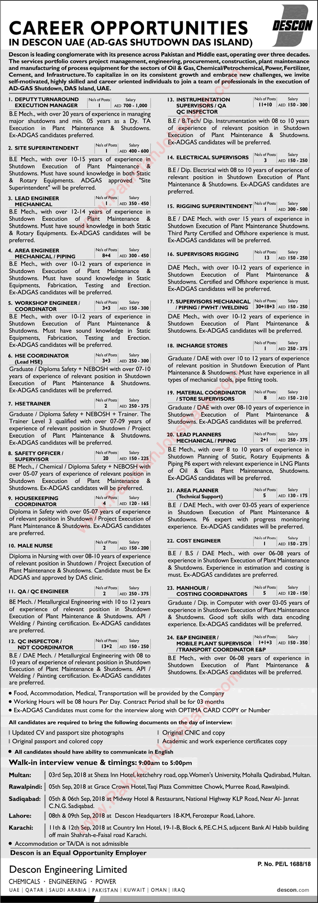 DESCON Engineering UAE Jobs 2018 August Civil / Mechanical Engineers & Others AD-GAS Shutdown Latest