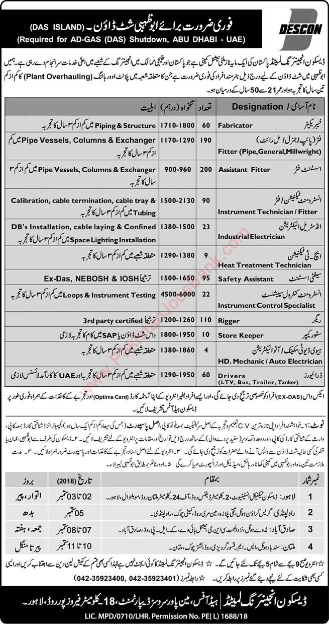 DESCON Engineering Shutdown Jobs August / September 2018 Abu Dhabi UAE Latest