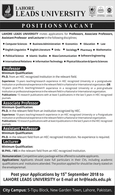 Teaching Faculty Jobs in Lahore Leads University 2018 September Latest